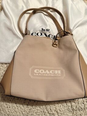 COACH Beige Canvas & Tan Leather Tote with Logo